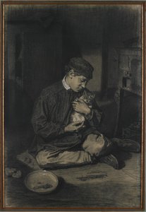 Istuva poika, jolla on kissa kädessään (etusivu); opinnäytetyö kissanpennuista ja maitolautasesta (kääntöpuoli), n. 1874-80 (mustaa liitua korotettuna valkoisella liidulla luonnonvalkoiselle kerrostetulle paperille). tekijältä François Bonvin