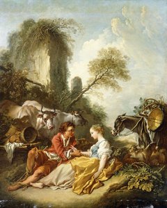 Pastoraalinen maisema, jossa paimen ja paimentytär istuvat raunioiden vieressä, tekijältä François Boucher