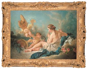 Makaava nymfi soittamassa huilua Putin kanssa, ehkä Muse Euterpe, 1752 tekijältä François Boucher
