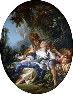 Paimen ja paimentar Dalliancessa metsäisessä maisemassa, 1761 tekijältä François Boucher