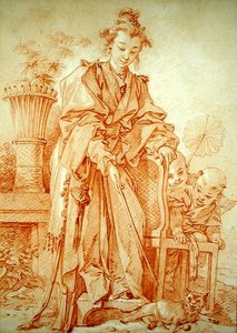 Kiinalainen tyttö leikkii kissan kanssa tekijältä François Boucher