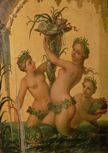Yksityiskohta sireeneistä, joilla on ruiskaunokki, Pietari Suuren valtiovaunusta, noin 1724. tekijältä François Boucher