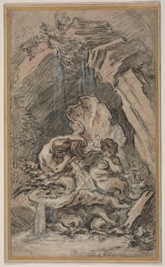Suihkulähde, jossa on kaksi tritonia, puhaltaa kotiloisen kuoria, c. 1736. tekijältä François Boucher
