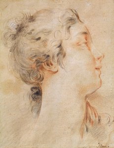 Oikealle kääntyneen naisen pää (musta lyijykynä ja sanguine) tekijältä François Boucher