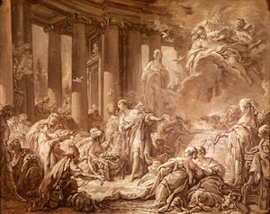 Psyche Receiving the Divine Honors (valmistelututkimus), n. 1740 (öljymaalaus kankaalle kiinnitetylle paperille) tekijältä François Boucher