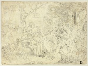 Paimentolaisnaiset ja nuori mies soittaa säkkipilliä tekijältä François Boucher