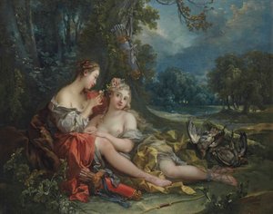 Kaksi Dianan nymfiä lepää metsästyksestä palattuaan tekijältä François Boucher