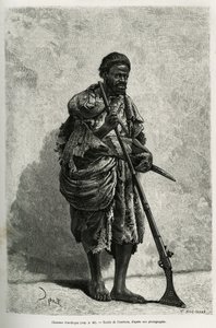 Antiloopin metsästäjä. Courboinin kaiverrus havainnollistamaan Algerian Saharaa, V. Largeau, vuosina 1874-1878, julkaistu Tour du mondessa, Edouard Chartonin (1807-1890) johdolla tekijältä François Courboin
