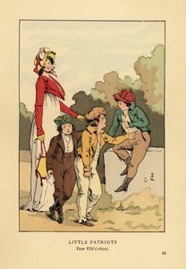 Pojat takkeissa ja ratsastushousuissa Merveilleusella roomalaisessa kaapussa konepellillä ja spencer-takilla. Little Patriots, vuosi VIII tekijältä François Courboin
