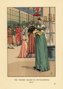 Muodikas nainen ostoksilla puisessa galleriassa Palais Royalissa, Pariisissa tekijältä François Courboin