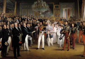 Vuoden 1830 vallankumous: "" Edustajainhuone esittelee Orleansin herttualle Louis Philippe I:lle (1773-1850) säädöksen, joka kutsuu hänet valtaistuimelle, ja vuoden 1830 peruskirjan kuninkaallisessa palatsissa 7.8. 1830"" Yksityiskohta. Francois Joseph Hei tekijältä François Joseph Heim