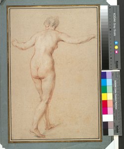 Pysyvä nainen alaston takaa katsottuna, n. 1722 (punainen, mustavalkoinen liitu paperille) tekijältä François Lemoyne