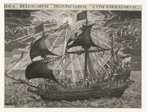 Valtion laiva, 1620 Allegoria maan onnellisesta tilasta Dordrechtin synodin jälkeen Idea Belgicarum Provinciarum Confaederatarum (otsikko esineessä) tekijältä François Schillemans