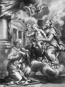 Pyhä Martina polvistumassa Neitsyen ja Lapsen edessä, kun Lapsi tarjoaa hänelle liljan,..., n. 1664-79.