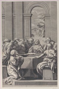 Viimeinen ehtoollinen, klassisen rakennuksen sisätilat, jossa on Kristus ja hänen apostoliensa istuin..., 1660-81.