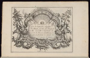 Cartouche auringon ja neljän tuulen kanssa, Livre de Cartouches Reguliers (Tavallisten Cartouchesien kirja) tekijältä François de Cuvilliés the Elder