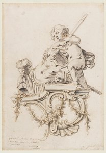 Suunnittelu veistokselle, jossa on Putto ja sodan ominaisuudet, Versailles, Grand Trianon tekijältä François de Cuvilliés the younger