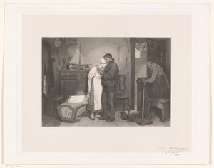 Visser Interior surullisen pariskunnan kanssa tyhjässä pinnasängyssä tekijältä François de Meersman (signed by artist)