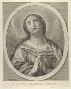Neitsyt rukouksessa, katsoen ylös pilvet takanaan, soikeassa kehyksessä, Renin perässä, ..., 1648-81. tekijältä François de Poilly
