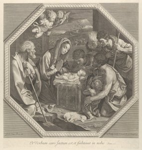 Paimenten palvonta, jotka polvistuvat yhdessä aivan lapsen Kristuksen edessä..., n. 1655-93. tekijältä François de Poilly