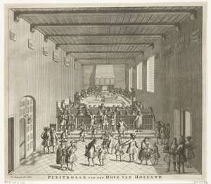 Hollannin tuomioistuimen istunto, noin 1700 Pleitrolle van den Hove van Holland (otsikko esineessä)