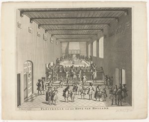 Hollannin tuomioistuimen istunto, noin 1700 Hollannin Pleitrolle van den Hove (otsikko esineessä)