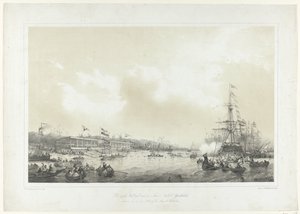 Ensimmäinen Konin kilpailu: hollantilainen: Yachtclub, pidettiin 10. kesäkuuta 1846 Maasilla Rotterdamissa (otsikko esineessä)