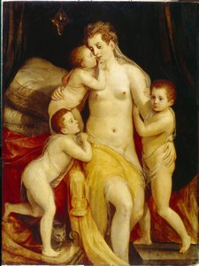 Allegoria rakkaudesta. Kolme myötätuntoisen ilmeen lasta lähestyy hellästi surullista äitiään lohduttaakseen häntä. Frans Floris the Groin (1519-1570) maalaus, öljy puulle. hollantilaista taidetta tekijältä Frans Floris