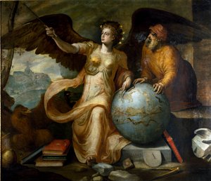 Astrologia. Astrologian allegoria ja personifikaatio astrologisilla välineillä ja taivaanpallolla. Frans Florisin (1515-1570) maalaus. Flanderin maalari. Geenit, yksityinen kokoelma.