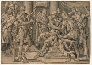 David soittaa harppua Saulin edessä, 1555. tekijältä Frans Floris