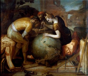 Geometria. Geometrian allegoria ja personifikaatio pitelee komppaa maapallon yläpuolella. Erilaiset geometriset instrumentit on järjestetty etualalla. Frans Florisin (1515-1570) maalaus. flaamilaista taidetta. Yksityinen kokoelma, Genes.