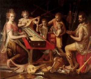 Music Characters vetuksen ikivanha musiikki-instrumenttien ympäristö muodostaa allegorian. Frans Florisin (1515-1570) maalaus 1500-luvulta Geenit, yksityinen kokoelma tekijältä Frans Floris