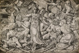 Victoria vankien ja palkintojen ympäröimänä, 1552.Victoria vankien ja palkintojen ympäröimänä, 1552. tekijältä Frans Floris