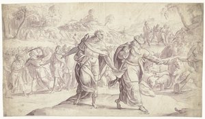 Joosua teloittaa viisi ammonilaisten kuningasta Historia of Joshua (sarjan nimi) tekijältä Frans Francken (I)