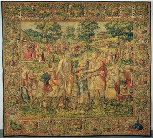 Kuningas Abimelek palauttaa Saaran aviomiehelleen, Abrahamille, 1580 (kudoskudos, villa ja silkki) tekijältä Frans Geubels