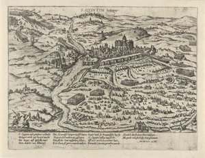 Saint-Quentinin piiritys, 1557 S. Quintin belägert (otsikko esineessä) Sarja 2: Tapahtumat Alankomaissa, 1555-1558 (sarjan nimi) tekijältä Frans Hogenberg