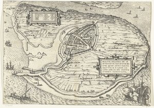 Kaart van het eiland Voorne en plattegrond van Brielle, 1572 Brillium, Hollanti opp. Alankomaiden välisen sodan vuoksi, joka pelastuksen voiton vuonna 72 jKr. huhtikuun helteessä hän aloitti täällä, kuuluisa (otsikko esineessä) tekijältä Frans Hogenberg