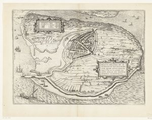 Kaart van het eiland Voorne en plattegrond van Brielle, 1572 Brillium, Hollanti opp. Alankomaiden välisen sodan vuoksi, joka pelastuksen voiton vuonna 72 jKr. huhtikuun helteessä hän aloitti täällä, kuuluisa (otsikko esineessä) tekijältä Frans Hogenberg