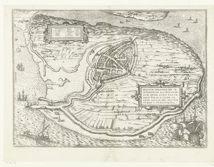 Kaart van het eiland Voorne en plattegrond van Brielle, 1572 Brillium, Hollanti opp. Alankomaiden välisen sodan vuoksi, joka pelastuksen voiton vuonna 72 jKr. huhtikuun helteessä hän aloitti täällä, kuuluisa (otsikko esineessä)