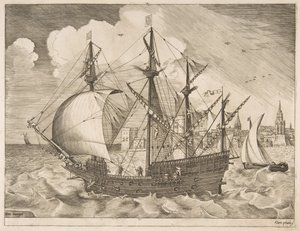 Aseistettu neljän päällikön laskeutuminen merelle purjealuksilta, n. 1555-56.
