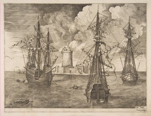 Neljän päällikön vasen ja kaksi kolmen päällikön ankkuroitua lähellä linnoitettua saarta valolla..., 1561-65. tekijältä Frans Huys