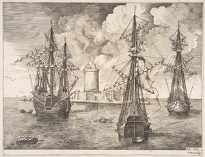 Neljä päällikköä ja kaksi kolmen päällikköä ankkuroituina lähellä linnoitettua saarta, The Sailing Ves..., 1561-65.