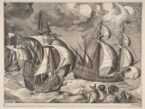 Kolme karavellia nousevassa myrskyssä Arionin kanssa delfiinillä, The Sailing Vessels, 1561-65.