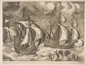 Kolme karavellia nousevassa myrskyssä Arionin kanssa delfiinillä, The Sailing Vessels, 1561-65.