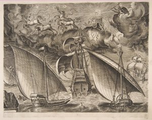 Kaksi keittiötä purjehtimassa aseistetun kolmipäällikön takana Phaetonin ja Jupiterin kanssa taivaalla, f..., 1561-65.