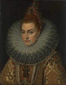 Arkkiherttuatar Isabella Clara Eugenian muotokuva (1566-1633, Infanta of Spain, n. 1600 (öljy kuparille) tekijältä Frans II (studio of) Pourbus