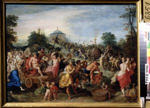 ""Bacchuksen kulkue"" esitys bakkanaalista, satyreista ja bakchanteista tanssimassa, soittamassa. Franz (Frans) Francken II nuoremman (1581-1642) maalaus (ec.flam.) 1600-luvun valtion taidemuseo, Tula, Venäjä