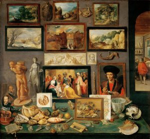 Le cabinet de curiosites - Keräilijän kabinetti (Uteliaisuuskaapit) - Frans Francken, nuorempi (1581-1642). Öljy puulle, n. 1620-1625. Mitat: 74x78 cm. Taidehistoriallinen museo, Vienne