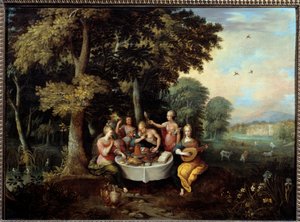 Viisi aistia nuoria naisia maisemassa, jossa on juhla (maku), musiikki (kuule), peili (näkymä), kukkakimppu (tuoksu) ja hyväily (kosketus). Franz (Frans) Francken II le Jeunen (1581-1642) maalaus (ec.flam.) 1600-luvun su. 0,65x0,9 m Toulouse, museo