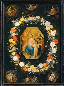 Pyhä perhe kukkaseppeleen ympäröimänä ... tekijältä Frans II the Younger Francken